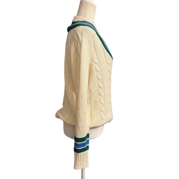 Vineyard Vines Cable V-Neck Varsity Sweater 100% Cotton Blue+Green Stripes (XS) - Picture 3 of 7